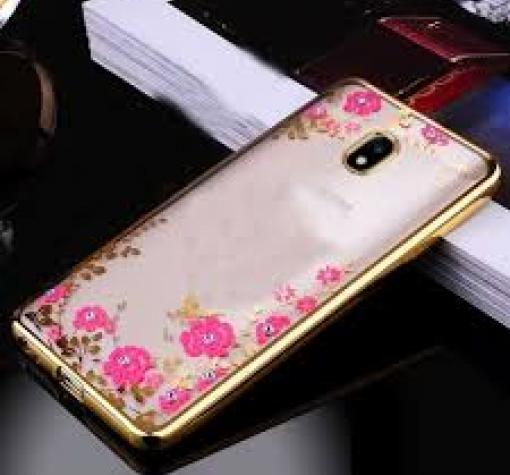 Луксозен силиконов калъф / гръб / TPU с камъни за Xioami Redmi 8A - прозрачен / розови цветя / златист кант