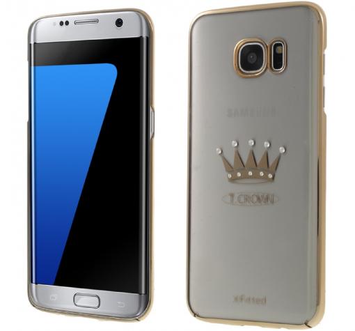 Луксозен твърд гръб X-FITTED Swarovski Diamond за Samsung S7 Edge G935 - прозрачен със златист кант / Crystal Icon Pro Crown