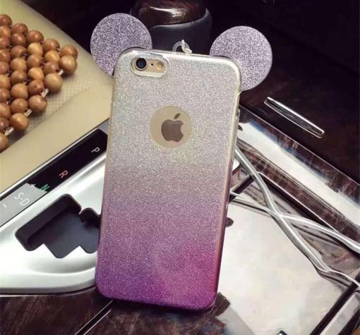 Луксозен силиконов калъф / гръб / TPU 3D за Apple iPhone 7 Plus - преливащ / лилаво и сиво / брокат / миши ушички / 2в1