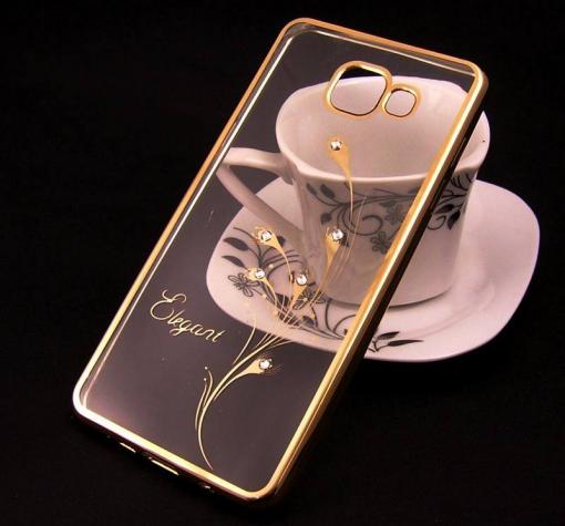 Луксозен силиконов калъф / гръб / TPU / Elegant с камъни за Samsung A3 2016 A310 - прозрачен със златист кант / перо