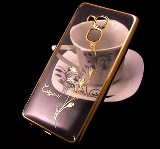 Луксозен силиконов калъф / гръб / TPU / Elegant с камъни за Samsung A8 2018 A530F - прозрачен със златист кант / перо