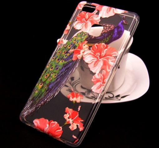 Силиконов калъф / гръб / TPU за Huawei P9 Lite - прозрачен / паун / цветя