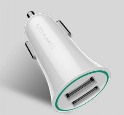Универсално зарядно устройство за кола 12V USAMS CCO13 с 2 USB порта 2.1A за Samsung, Xiaomi, Lenovo, Apple, LG, HTC, Sony, Nokia, Huawei, ZTE, BlackBerry и др. - бяло