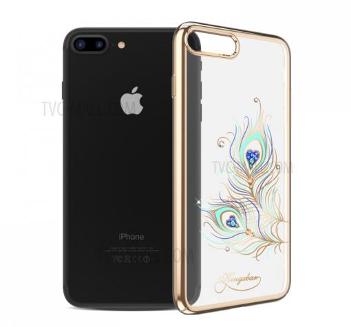 Луксозен твърд гръб KINGXBAR Swarovski Diamond за Apple iPhone 7 / iPhone 8 - прозрачен / златист кант / пауново перо