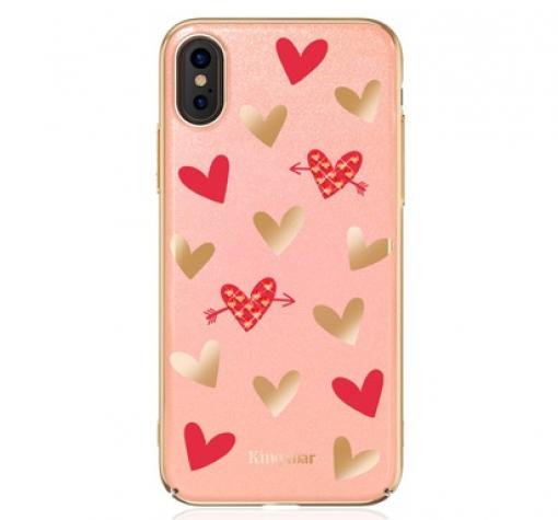 Луксозен твърд гръб Kingxbar с камъни SWAROVSKI за Apple iPhone X - розов / сърца