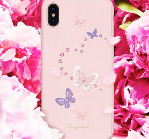 Луксозен твърд гръб със силиконов кант KINGXBAR Swarovski Diamond за Apple iPhone XS Max - розов / Butterfly