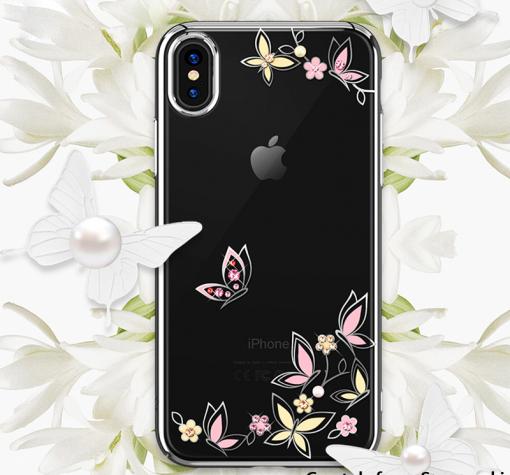 Луксозен твърд гръб KINGXBAR Swarovski Diamond за Apple iPhone XS Max - прозрачен / срерист кант / пеперуди