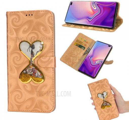 Луксозен кожен калъф Flip тефтер със стойка за Samsung S10 - златист / пясъчен часовник
