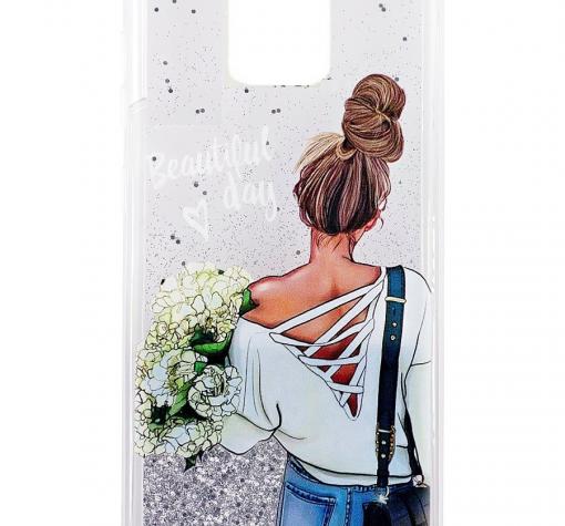 Луксозен твърд гръб 3D Water Case за Xiaomi Redmi Note 9s / Note 9 Pro - течен гръб със сребрист брокат / Girl