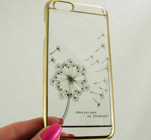 Ултра тънък заден предпазен твърд гръб / капак / с камъни за Apple iPhone 6 4.7" - прозрачен с глухарче / златист кант