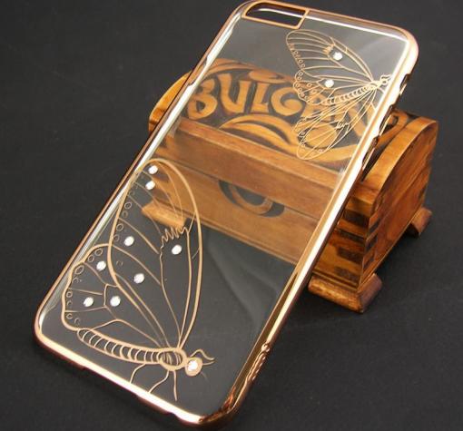Ултра тънък твърд гръб с камъни ICON за Apple iPhone 6 4.7'' - прозрачен / златисти пеперуди