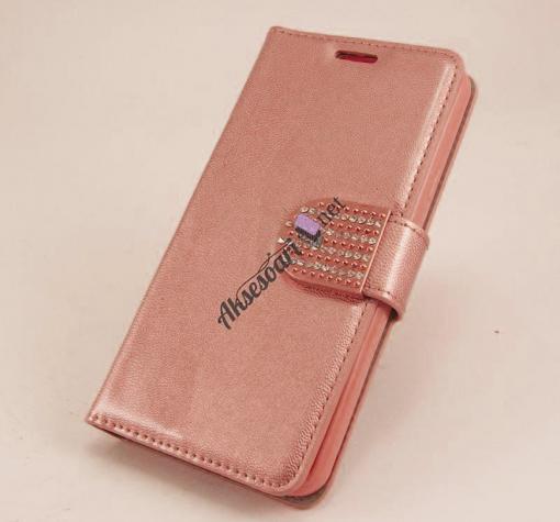 Кожен калъф Flip тефтер New Face с камъни и стойка за Samsung S6 Edge G925 - розов