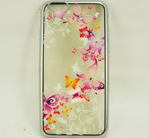 Луксозен силиконов калъф / гръб / с камъни за Apple iPhone 6 4.7" - прозрачен / лилави и оранжеви пеперуди