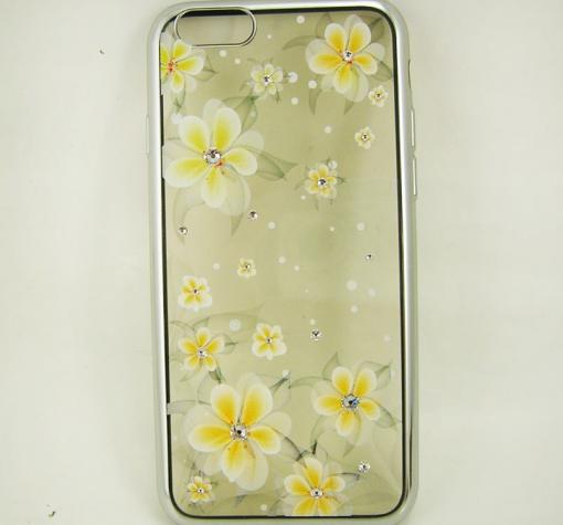 Луксозен силиконов калъф / гръб / с камъни за Apple iPhone 6 4.7" - прозрачен / жълти цветя