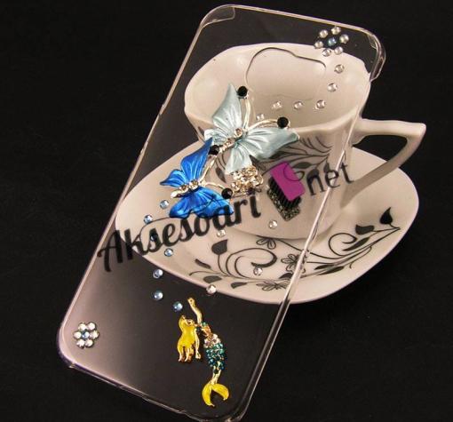 Луксозен твърд гръб 3D с камъни за Samsung S6 Edge G925 - прозрачен / сини пеперуди
