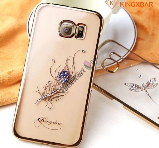 Луксозен твърд гръб KINGXBAR Swarovski Diamond за Samsung S7 Edge G935 - прозрачен със златен кант / синьо цвете