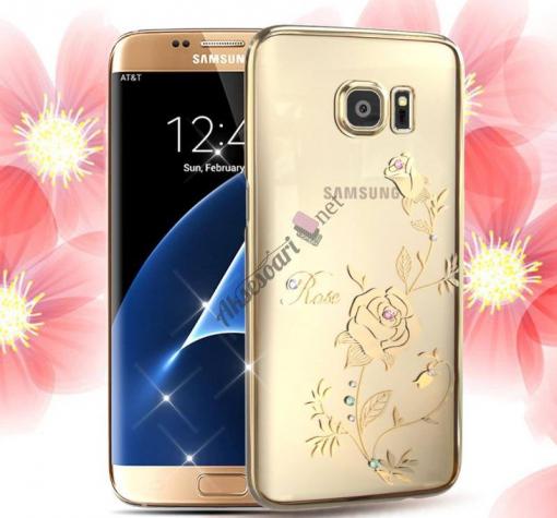 Луксозен твърд гръб KINGXBAR Swarovski Diamond за Samsung S7 Edge G935 - прозрачен със златен кант / Rose