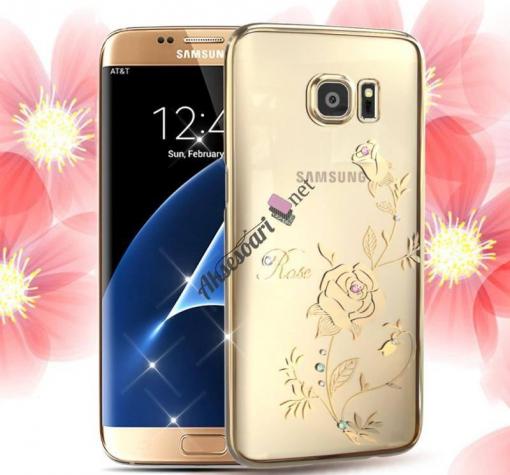 Луксозен твърд гръб KINGXBAR Swarovski Diamond за Samsung S6 Edge - прозрачен със златен кант / Rose