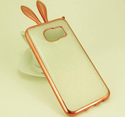 Силиконов калъф / гръб / TPU 3D за Samsung S7 G930 - прозрачен с брокат / заешки ушички / Rose Gold кант