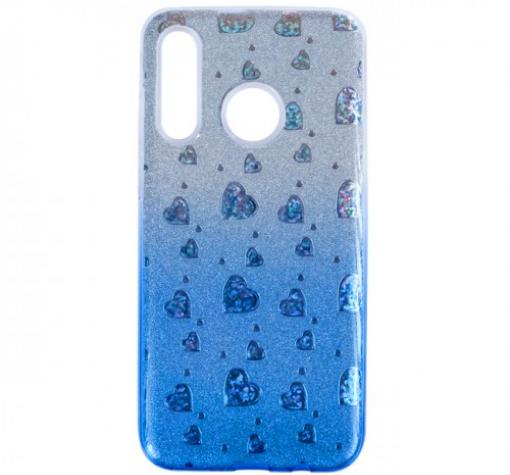 Силиконов калъф / гръб / TPU за Huawei P20 Lite - преливащ / сребристо и синьо / сърца / брокат
