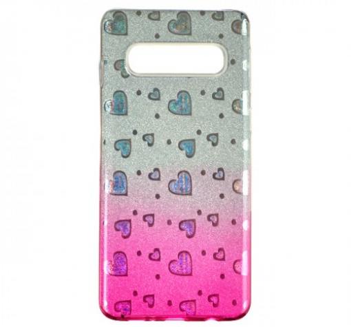 Силиконов калъф / гръб / TPU за Samsung S10 - преливащ / сребристо и розово / сърца / брокат