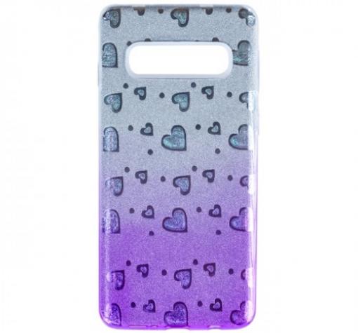 Силиконов калъф / гръб / TPU за Samsung S10 Plus - преливащ / сребристо и лилаво / сърца / брокат