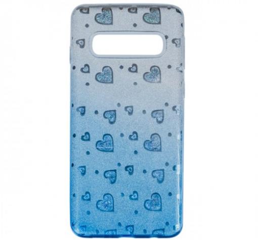 Силиконов калъф / гръб / TPU за Samsung S10 - преливащ / сребристо и синьо / сърца / брокат