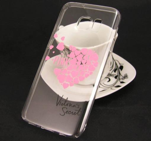 Твърд гръб за Samsung S7 Edge G935 - прозрачен / розови сърца / Victoria's Secret