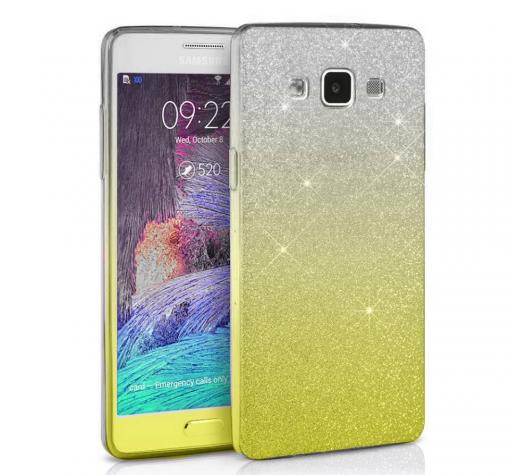 Луксозен силиконов калъф / гръб / TPU 2in1 за Samsung J3 - бяло и жълто / брокат