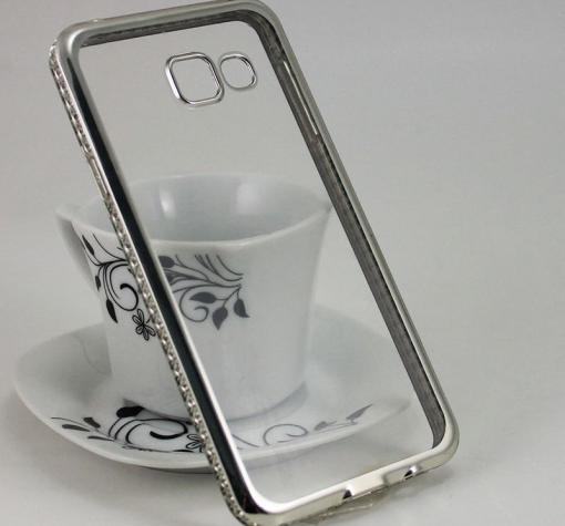Луксозен силиконов калъф / гръб / TPU с камъни за Samsung A3 2016 A310 - прозрачен / сребрист кант
