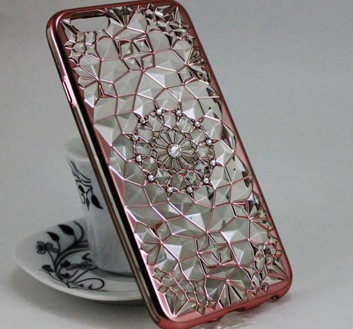 Луксозен силиконов калъф / гръб / TPU 3D с камъни за Apple iPhone 6 / iPhone 6S - прозрачен / фигури / Rose Gold кант