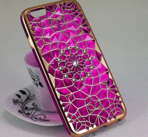 Луксозен силиконов калъф / гръб / TPU 3D с камъни за Apple iPhone 6 / iPhone 6S - цикламен / фигури / златист кант