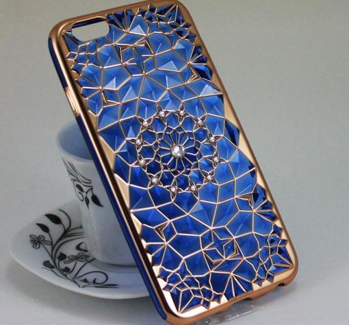 Луксозен силиконов калъф / гръб / TPU 3D с камъни за Apple iPhone 6 / iPhone 6S - син / фигури / златист кант