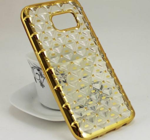 Силиконов калъф / гръб / TPU 3D за Samsung S7 G930 - прозрачен / звездички и коронки / златист кант