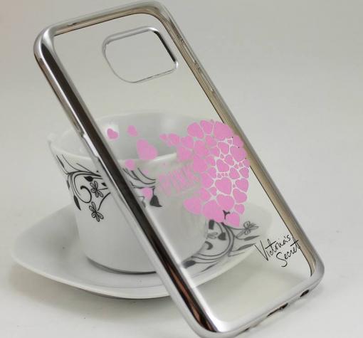 Луксозен силиконов калъф / гръб / TPU за Samsung S7 G930 - прозрачен / розови сърца / Victoria's Secret / сребрист кант