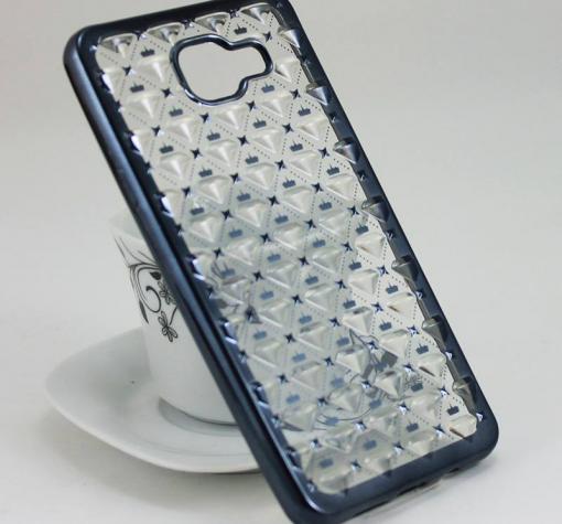 Силиконов калъф / гръб / TPU 3D за Samsung S6 Edge G925 - прозрачен / звездички и коронки / тъмно сив кант