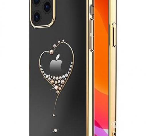 Луксозен твърд гръб KINGXBAR Swarovski Diamond Wish Series за Apple iPhone 13 Pro Max 6.7" - прозрачен със златист кант / сърце