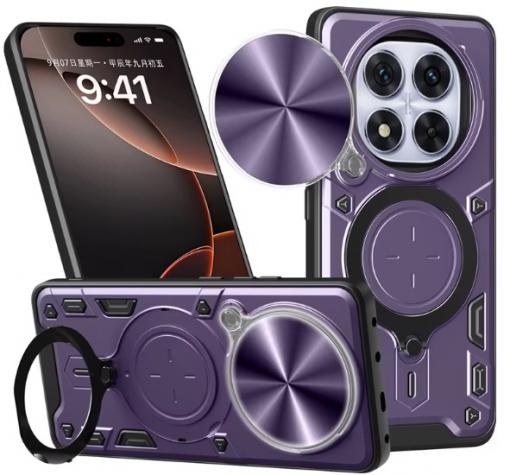 Удароустойчив гръб TPU кейс Slide Camera Case Magnetic Finger Ring Car Holder за Xiaomi Redmi Note 14 Pro Plus - лилав