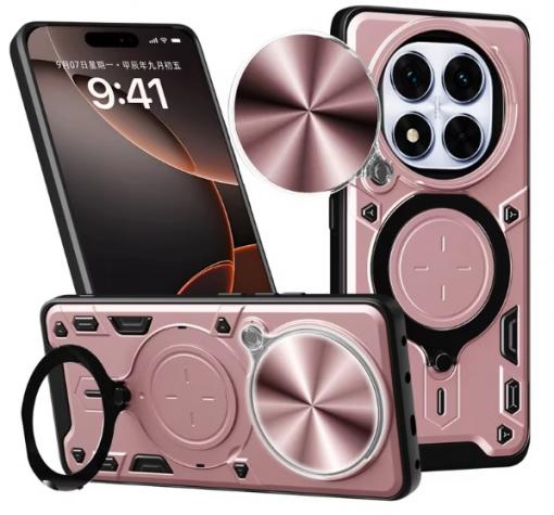 Удароустойчив гръб TPU кейс Slide Camera Case Magnetic Finger Ring Car Holder за Xiaomi Redmi Note 14 Pro Plus - розов