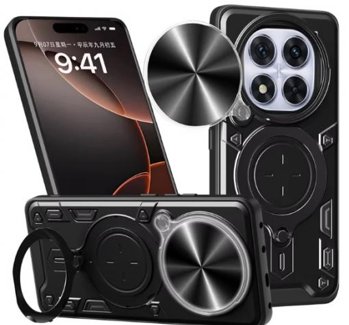 Удароустойчив гръб TPU кейс Slide Camera Case Magnetic Finger Ring Car Holder за Xiaomi Redmi Note 14 Pro Plus - черен