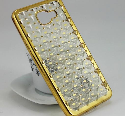 Силиконов калъф / гръб / TPU 3D за Samsung A3 2016 A310 - прозрачен / звездички и коронки / златист кант
