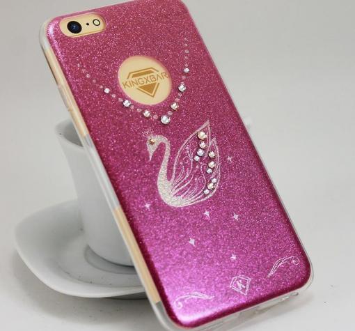 Луксозен силиконов калъф / гръб / TPU KINGXBAR с камъни Swarovski за Apple iPhone 6 / iPhone 6S - лилав / лебед / брокат