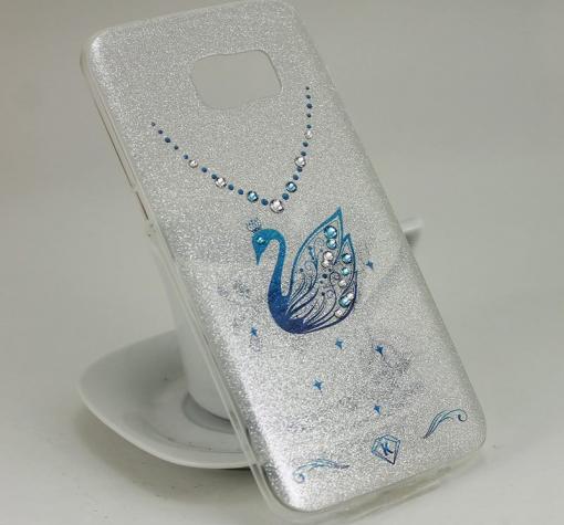 Луксозен силиконов калъф / гръб / TPU KINGXBAR с камъни Swarovski за Samsung S7 Edge G935 - сребрист / син лебед / брокат