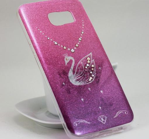Луксозен силиконов калъф / гръб / TPU KINGXBAR с камъни Swarovski за Samsung S7 G930 - лилаво и розово / преливащ / лебед / брокат