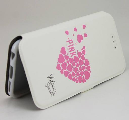 Кожен калъф Flip тефтер Flexi със стойка за Apple iPhone 6 / iPhone 6S - бял / розови сърца / Victoria`s Secret