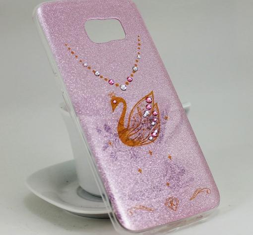 Луксозен силиконов калъф / гръб / TPU KINGXBAR с камъни Swarovski за Samsung S7 Edge G935 - розов / лебед / брокат
