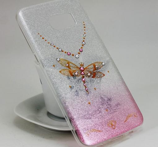 Луксозен силиконов калъф / гръб / TPU KINGXBAR с камъни Swarovski за Samsung S7 Edge G935 - сребристо с розово / преливащ / водно конче / брокат