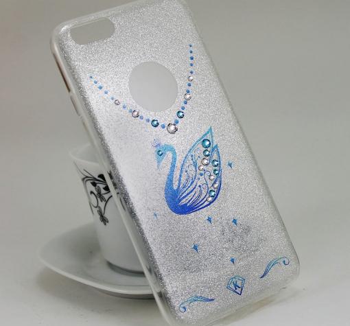 Луксозен силиконов калъф / гръб / TPU KINGXBAR с камъни Swarovski за Apple iPhone 6 / iPhone 6S - сребрист / син лебед / брокат