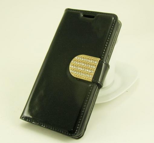 Кожен калъф Flip тефтер New Face с камъни и стойка за Samsung A3 2016 A310 - черен
