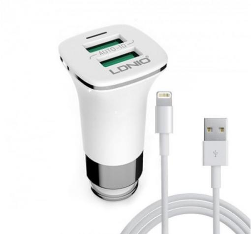 Оригинален USB кабел LDNIO C50 Car Charger 12V / 2 USB порта и Micro USB кабел 3.6A за Apple iPhone 5 / iPhone 5S / iPhone SE / iPhone 6 / iPhone 6 Plus - бяло